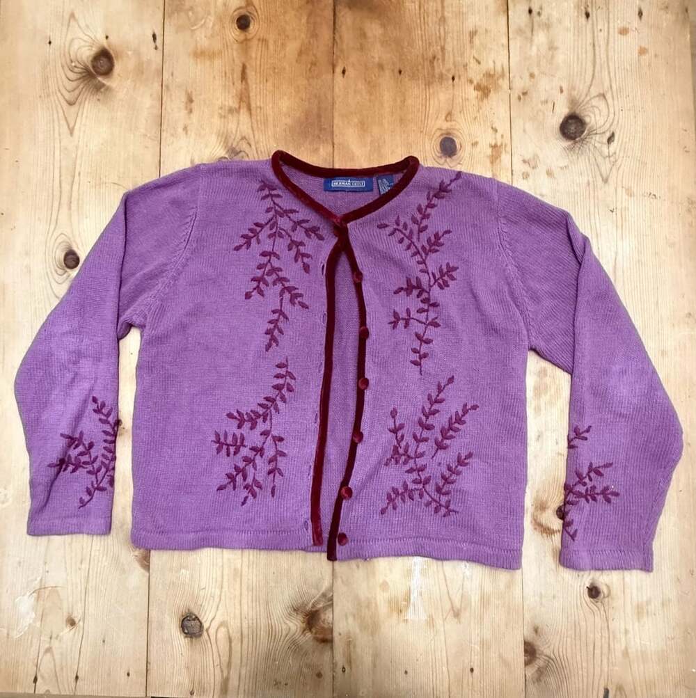 Herman Geist Cardigan Sweater Size XL Purple Velvet Trim Embroidered Leaf